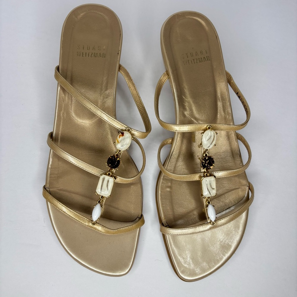 Stuart Weitzman Metallic Gold Sandals with Beaded‎ Accents